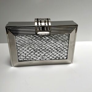 Silver Clutch Handbag • Reptile Print W/ silver hardware frame •